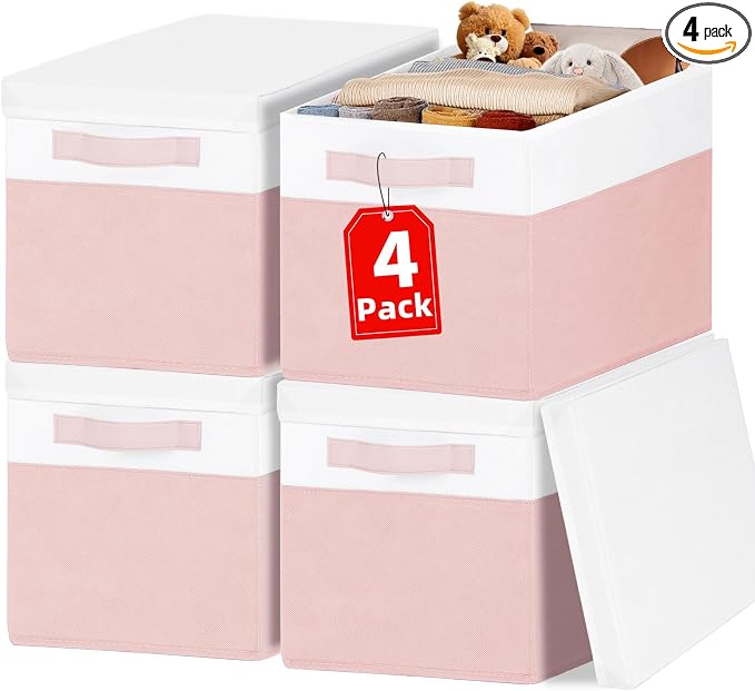 Large Closet Organizer Bins with Lids 4 Pack - 23 QT Collapsible Decorative Storage Boxes with Lids - Clothes Storage Bins with Handles - Fabric Containers for Living Room, Dorm, Nursery - Pink