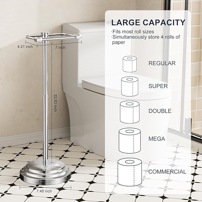 Bathroom Toilet Paper Holder Stand, Polished Chrome Toilet Paper Holder Free Standing, Stainless Steel Pivoting Toilet Tissue Roll Holder，Adjustable Height (14 to 24 Inch) Paper Holder