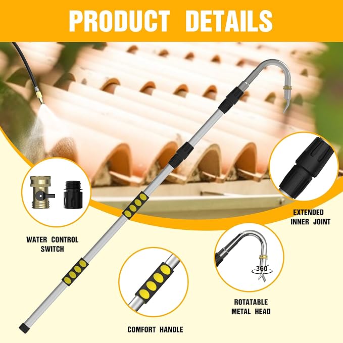LAANPOLE Gutter Cleaning Tools from The Ground, 24FT Reach Rain Cleaner with Bendable Wand and Quick Connect Adapter for Garden Hose