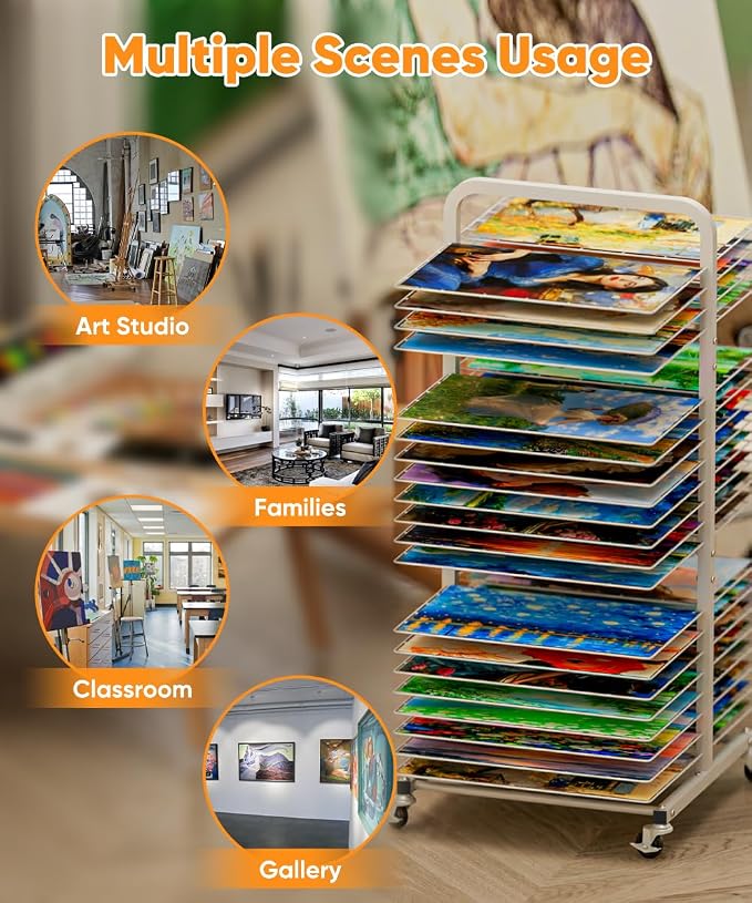 Art Drying Rack with 40 Removable Shelves, Mobile Metal Paint Drying Stand with Lockable Wheels, Functional Canvas Rack Art Storage for Artwork in Classrooms, Art Studios and Schools, White
