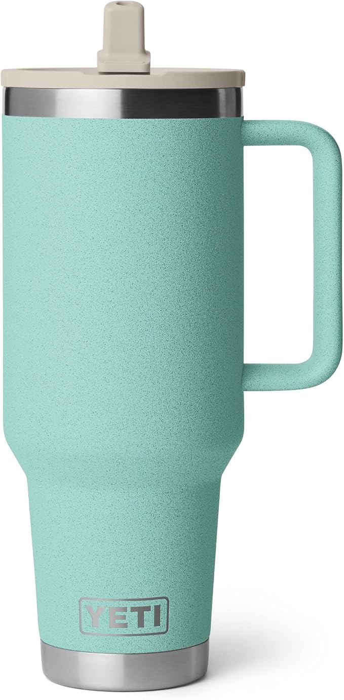 YETI Rambler 40 oz Travel Mug with Flip Straw Lid – Stainless Steel, Vacuum Insulated, Leakproof, Cup Holder Friendly, Sea Stone