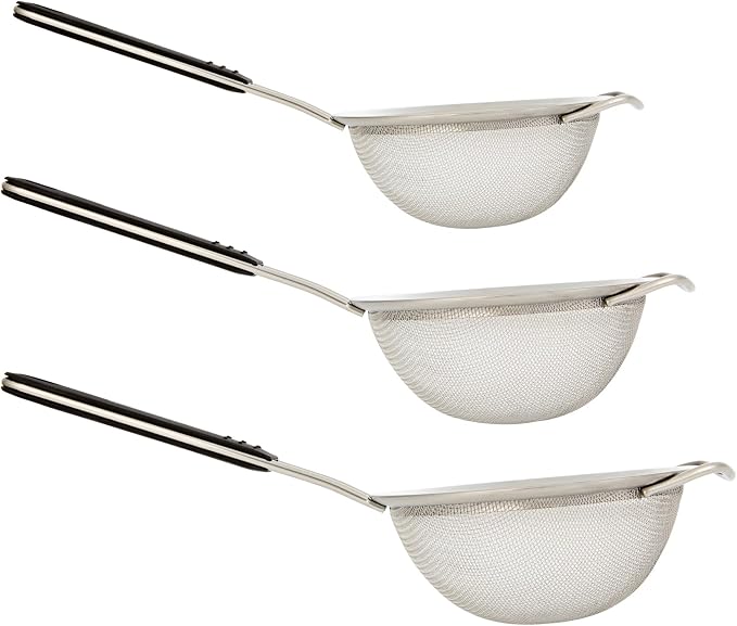 Restaurantware Fine Mesh Strainer Set of 3 Different Sizes with Silicone Handle Stainless Steel Extra Fine Mesh Strainer Heat-Resistant Handle Dishwasher-Safe for Rice, Quinoa, Pasta
