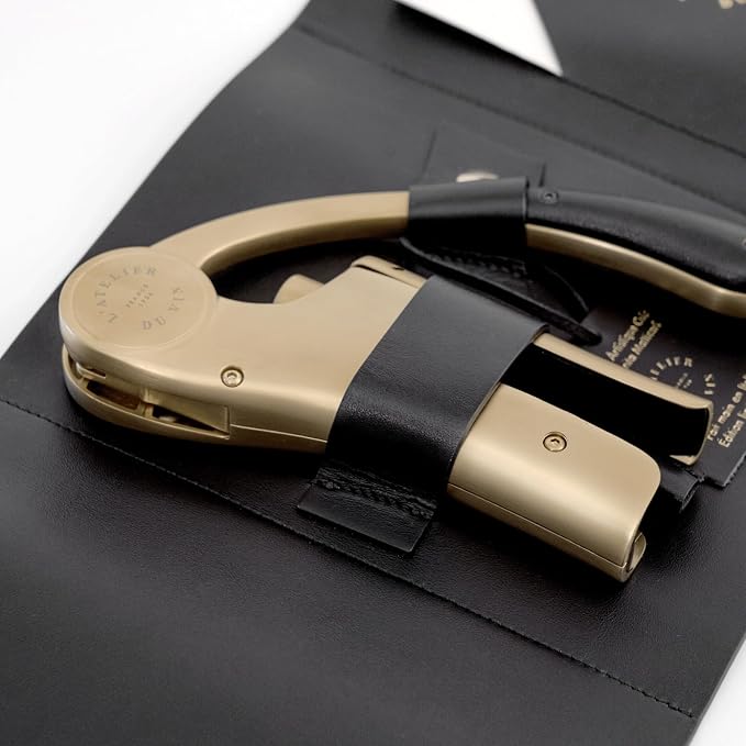 L’Atelier du Vin Oeno Motion Gold Nomad Lever Corkscrew Gift Set - Luxury Sommelier Wine Bottle Opener with Premium Black Leather Case Wine Tasting, Emblematic Wine Key Designed In France