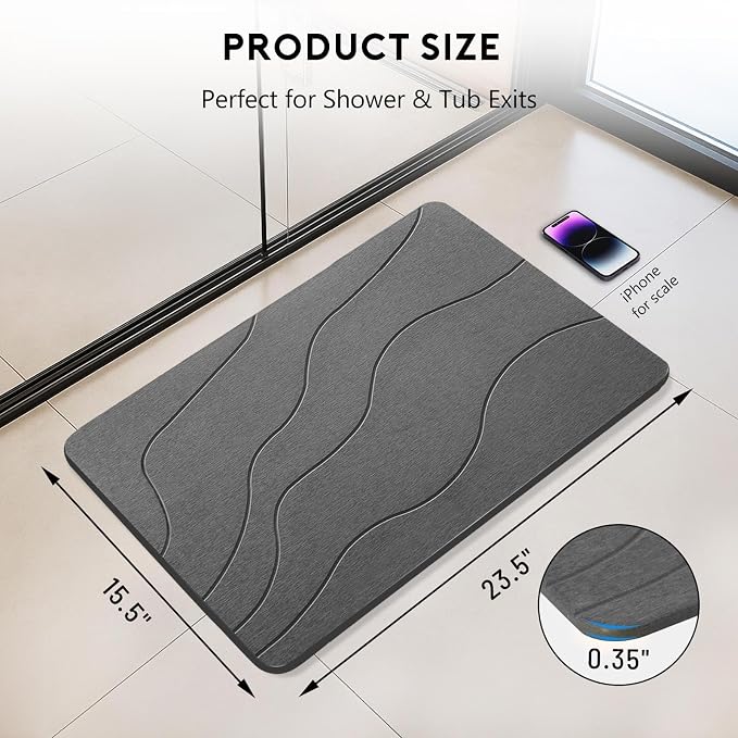 Stone Bath Mat, Quick-Dry Diatomaceous Earth Shower Mat, Absorbent Bathroom Mat for Shower/Tub Exit, New Apartment Essential & Housewarming Gift, 23.5" x 15.5" Dark Gray Wave