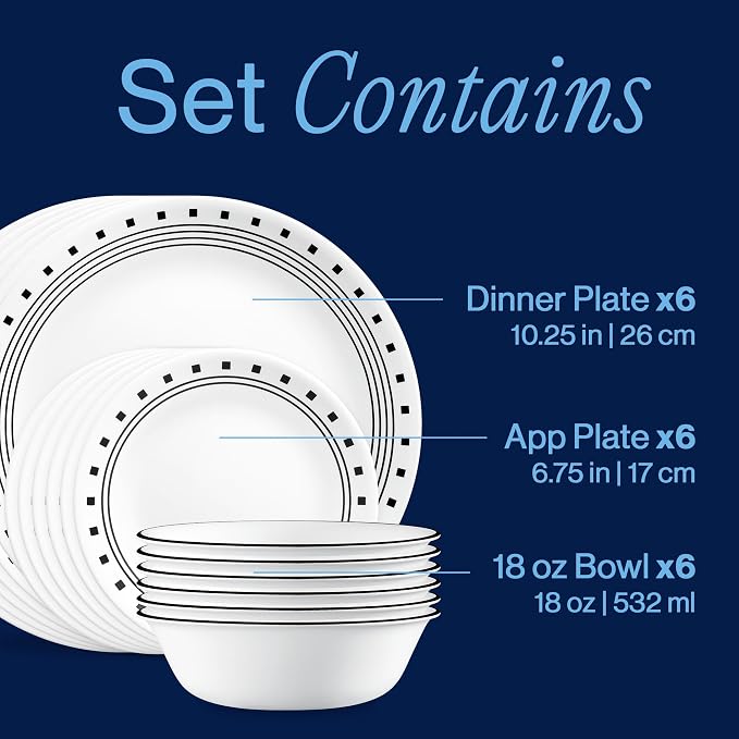 Corelle Vitrelle 18-Piece Service for 6 Dinnerware Set Triple Layer Glass and Chip Resistant, Lightweight Round Plates and Bowls Set, City Block