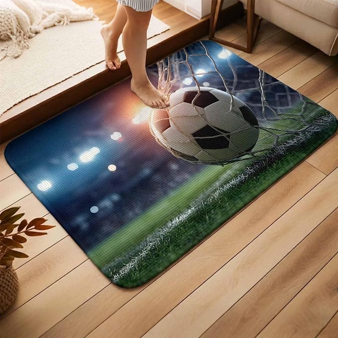 Football Bathroom Rugs Non Slip Washable Bath Mat Absorbent Low Pile Front Door Mat Goal Net Soccer Sports Orange Blue Green Indoor Doormat for Kitchen Entryway Shower Decor Accessories 31.5"x47.2"