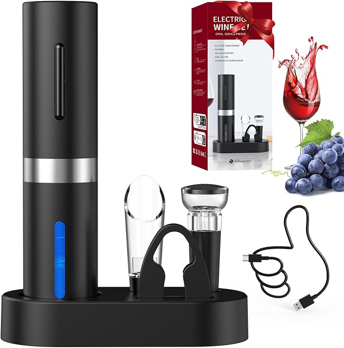 CIRCLE JOY Electric Wine Bottle Opener Set Rechargeable Wine Corkscrew Cordless Wine Set with Charging Base, Foil Cutter, Wine Aerator Pourer and Wine Stopper, Black