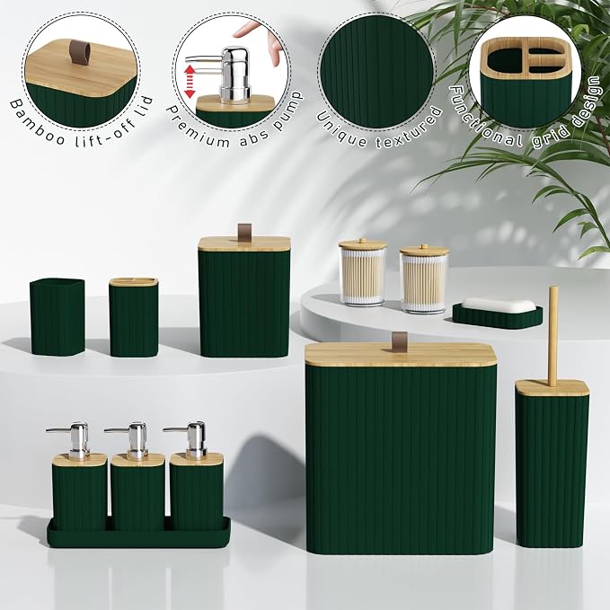Bathroom Accessory Set - Green Bathroom Set, 12PC Bathroom Accessories Set, Green Bathroom Accessories Set, Mini Trash Can, Toilet Brush, Trash Can & Soap Dispenser