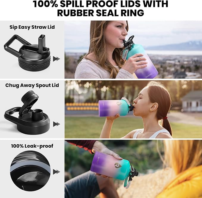 RAYMYLO One Gallon Water Bottle Insulated, Triple Walled Vacuum Stainless Steel (Cold for 48 Hrs), Leak Proof & Non-BPA, Large Water Flask Jug with Paracord Handle & Straw Spout Lids