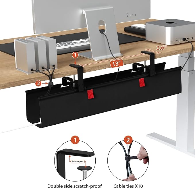 Univivi No Drill Under Desk Cable Management Tray, 28" Cord Organizer for Table, Clamp/Screw Mount Desk Cable Management, Premium Fabric Cable Management Tray for Office, Home