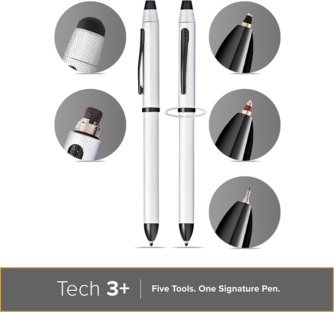Cross Tech3+ Refillable Multi-Function Ballpoint Pen with Stylus, Medium Ballpen And Pencil, Includes Premium Gift Box - Brushed Chrome