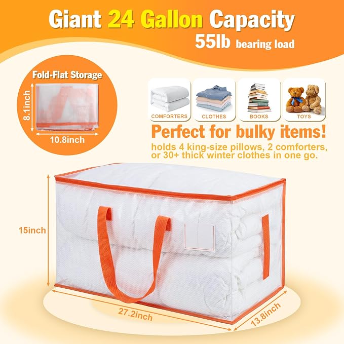 KYODOLED 10-Pack Clear Moving Bags Heavy Duty Extra Large, Storage Totes with Reinforced Handles, Zippers & Label Pocket, Transparent Packing Containers for College Dorm, Clothes, Bedding, Toys