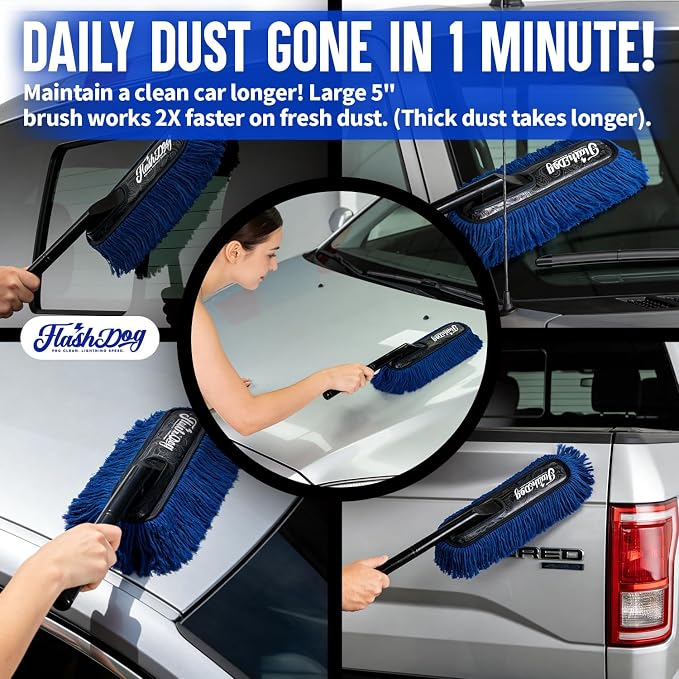 Flash Dog Car Duster Exterior – No Dust Scattering Auto Duster Brush with Classic Wood Handle, Wax-Treated Cotton Head, Scratch-Free, Reusable Dust Remover for Car, Truck, SUV