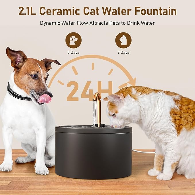 DOOOB Ceramic Cat Water Fountain 2.1L/71oz Ceramic Cat Fountain | Automatic Ceramic Water Fountain for Cats Pet Water Fountain with Ultra-Quiet Pump and 3 Filters & 3 Sponges (Black)