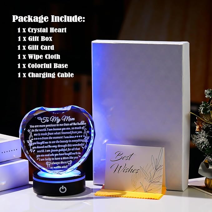 Arikyrist Gifts for Mom from Daughter Son with Colorful LED Base, Unique Moms Birthday Gifts Crystal Heart Keepsakes to My Mom Gift for Mother's Day Thanksgiving Presents for Best Mother Ever