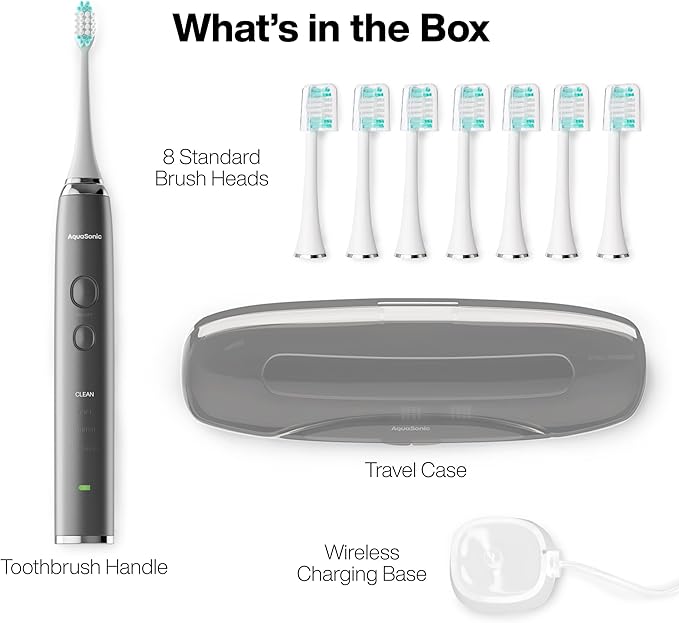 Aquasonic Vibe Series Ultra-Whitening Toothbrush – ADA Accepted Electric Toothbrush - 8 Brush Heads & Travel Case – 40,000 VPM Motor & Wireless Charging - 4 Modes w Smart Timer – Charcoal Metallic
