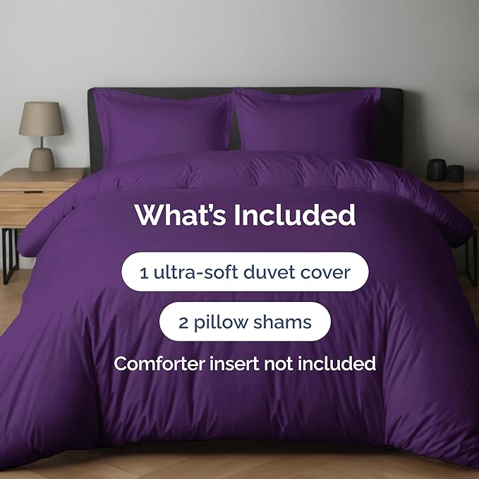 Duvet Cover Queen Size Set - Extra Soft Queen Duvet Cover 90" x 90" with 2 Pillow Shams for Women, Men, Kids & Teens - Hotel Luxury, Easy-Care w/ Zipper Closures & Ties - Comfy & Breathable (Purple)