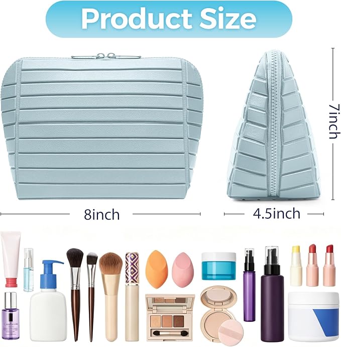 Travel Makeup Organizer Bag with Fold-Down Design and Adjustable Dividers, 27 Pockets & 3 Brush Storage Holders, Large Capacity Cosmetic Bags Toiletry Case - Light blue