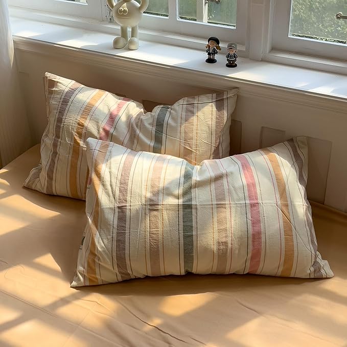mixinni Vintage Striped Duvet Cover Set Twin XL, 3-Piece 100% Washed Cotton Bedding Set - Soft & Breathable Colorful Comforter Cover with Zipper, All-Season Lightweight Bed Set for Cozy Home