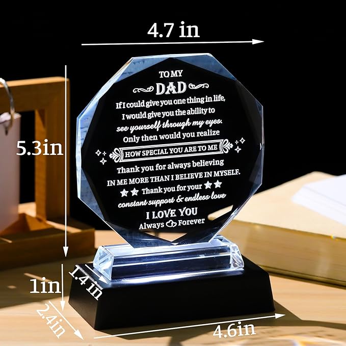 Movdyka Gifts for Dad Christmas, Crystal Keepsakes with LED Base, Birthday Gift Ideas to My Dads from Daughter Son Best Presents for Father on Valentine's Day Thanksgiving Fathers Day