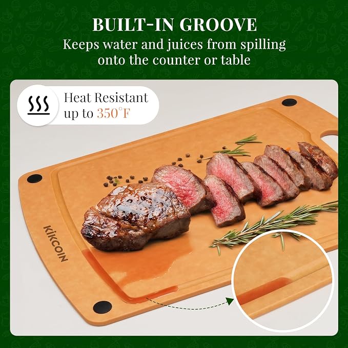 Kikcoin Wood Cutting Board, Cutting Boards for Kitchen Dishwasher Safe Non-slip Chopping Board with Juice Groove, Wood Fiber Composite Cutting Board with Handle, 17.3"*12.8"