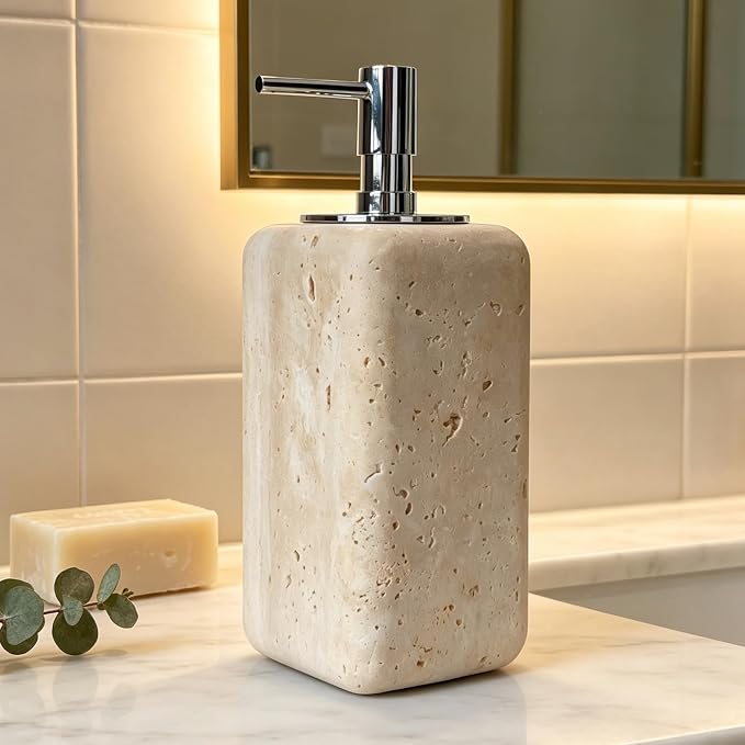 Travertine Soap Dispenser Bathroom Accessories, Natural Organic Premium Square Stone Lotion Dispenser with Metal Pump, Elegant Kitchen Hand Lotion Jar Soap Pump for Laundry Room Home Decor (Natural)