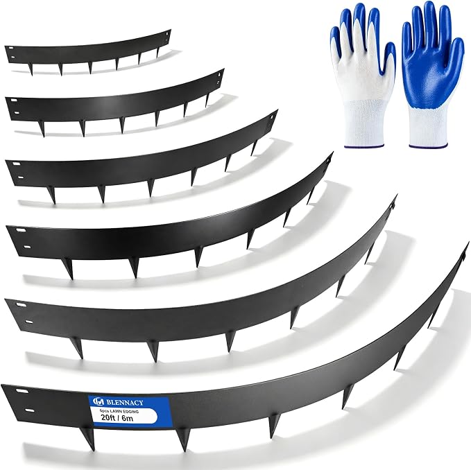 20ft. Metal Lawn Edging 6 Pack 6 inch, Black, Decorate Garden and Fence | Steel Landscape Edging for Fence, Yard Pathway, Flower Beds, Metal Lawn Edging with a Pair of Gloves