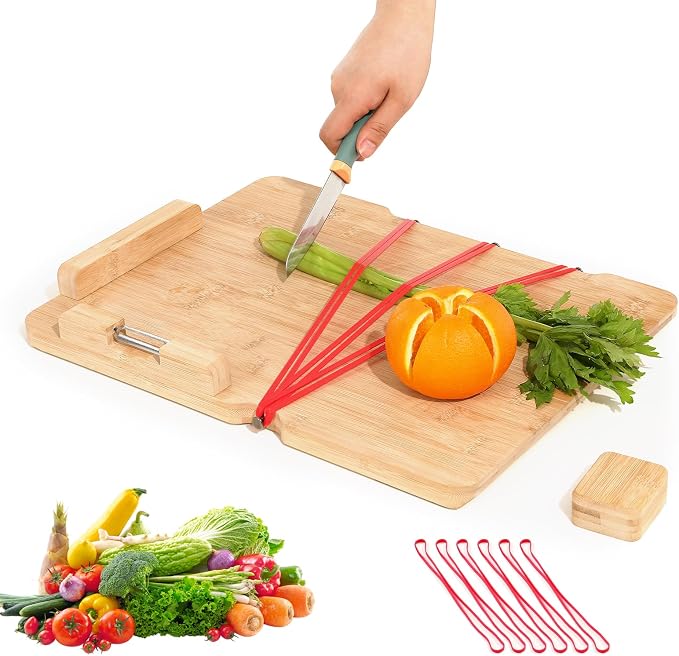 One-Handed Cutting Board, Adaptive Cutting Board for Disabled &Stroke Patients & Handicapped People, Handicap Kitchen Chopping Boards with Peeler& Steel Spikes &Bread Stops