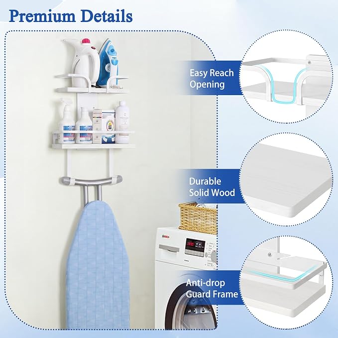 VINAEMO Ironing Board Hanger Wall Mount, 2-Layer Iron and Ironing Board Holder, Laundry Room Shelves Solid Wood with Removable Hooks Home Organization and Storage (White)