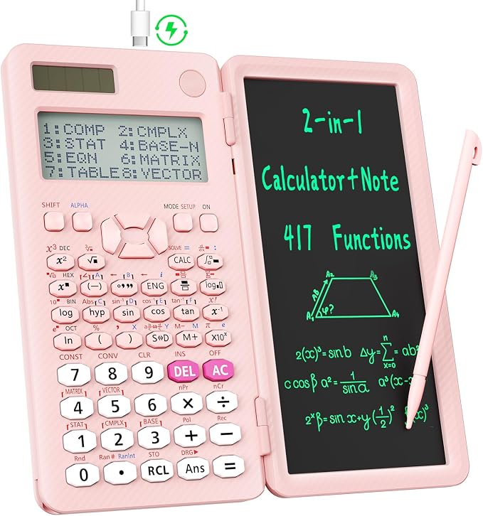 Rechargeable ROATEE 991ES MAX Scientific Calculators, CalcNote Multiview 4-Line Display with LCD Writing Tablet Notepad, Foldable Portable for Business High School College Students and Teacher(Pink)
