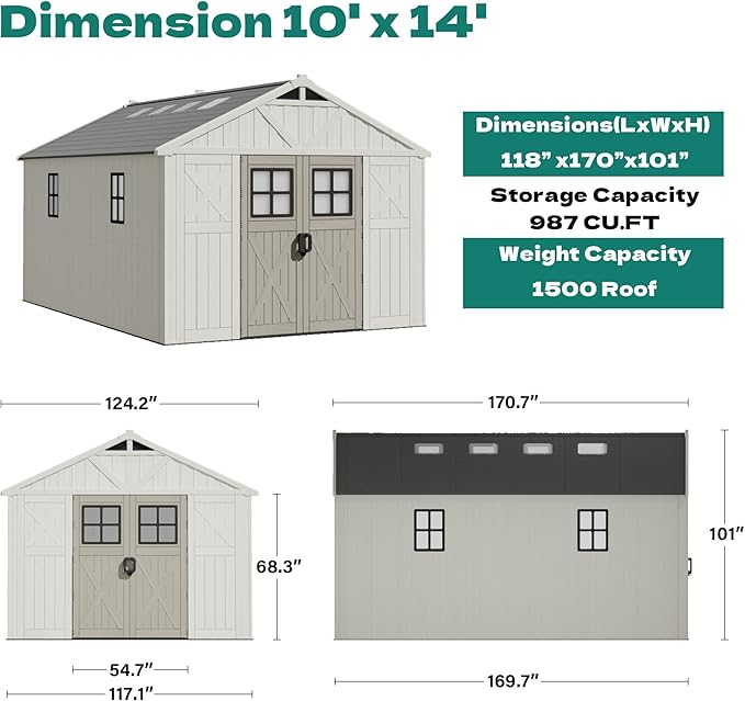 Devoko 10x14 FT Plastic Storage Shed with Floor, Large Resin Tool Outdoor Shed with Lockable Door & Windows, Outside Garden Storage Shed for Patio Backyard Lawn, Beige