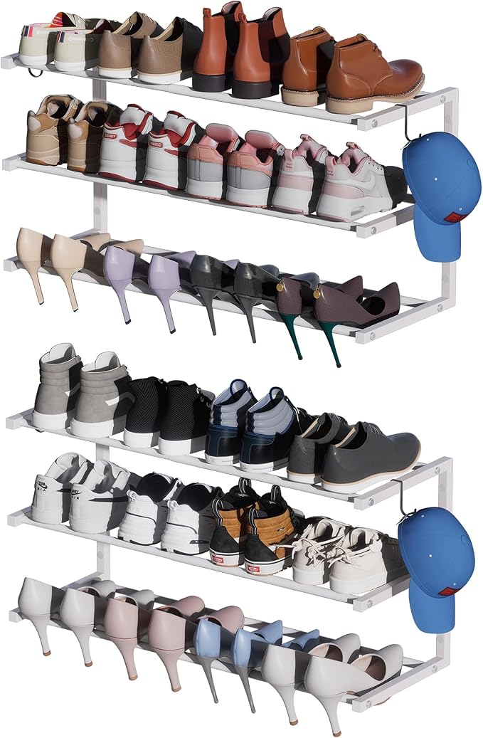 2 Pack Wall Mounted Shoe Rack, 3 Tier Hanging Shoe Rack Holds 24 Pairs, 17"-30"Adjustable Heavy Duty Metal Shoe Organizer Holder with 4 Storage Hooks, Space Saving for Closet Entryway Doorway（White)