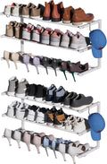 2 Pack Wall Mounted Shoe Rack, 3 Tier Hanging Shoe Rack Holds 24 Pairs, 17"-30"Adjustable Heavy Duty Metal Shoe Organizer Holder with 4 Storage Hooks, Space Saving for Closet Entryway Doorway（White)