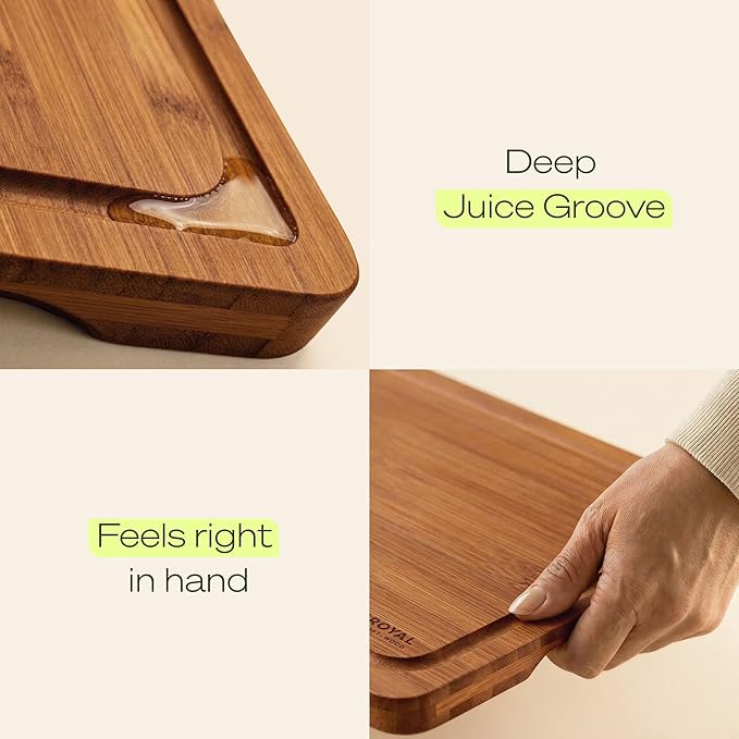 ROYAL CRAFT WOOD Wooden Cutting Boards for Kitchen Meal Prep & Serving - Bamboo Non Toxic Cutting Board Set with Deep Juice Groove Side Handles - Charcuterie & Chopping Butcher Block for Meat (3 Pcs)