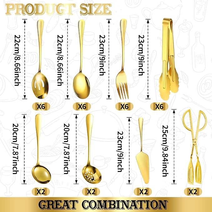 32 Piece Stainless Steel Serving Utensils Set - Complete Buffet Serving Spoons, Tongs, Ladles, Spatulas for BBQ, Parties, Weddings, Catering and Events (Gold)