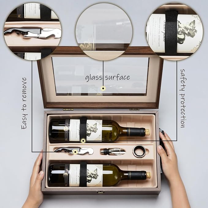 Wine Box, 2 Bottle Top Handle with 3 Accessory Gift for Wedding,Party,Gift,Birthday,Vintage Walnut wood Wine Storage Box for Home Bar Decor,Handmade Premium Carrier Case