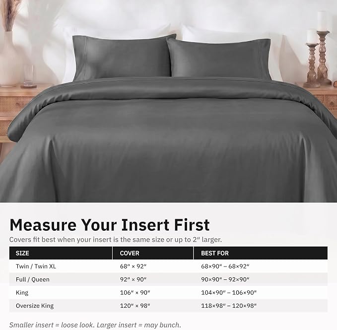 California Design Den 3-Piece Oversized King Duvet Cover Set - 400 Thread Count Sateen, Soft Comforter Cover Set, Button Closures, Corner Ties, Durable Bedding - Grey