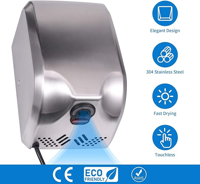 Goetland 304 Stainless Steel Hand Dryer Commercial Compact 1350w 70dB Heavy Duty Dull Polished for Bathroom Home Business Apartment
