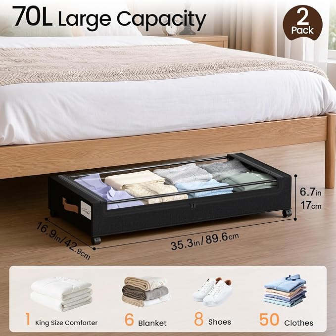 Yecaye 70L Large Under Bed Storage Containers with Wheels, 2 Pack, Black | Larger Capacity, 360° Rolling Wheels, Clear Window & Label, Sturdy Fabric, Rolling Metal Drawers for Clothes, Shoes, Blankets