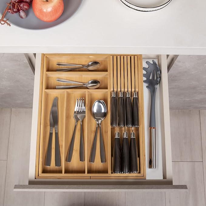 TIOPGHAD Bamboo-Silverware-Drawer-Organizer-Kitchen, Expandable Utensil Holder Cutlery Tray Flatware Organization Adjustable Wood Tableware Dividers Storage (with Removable Knife Block)(Natural)