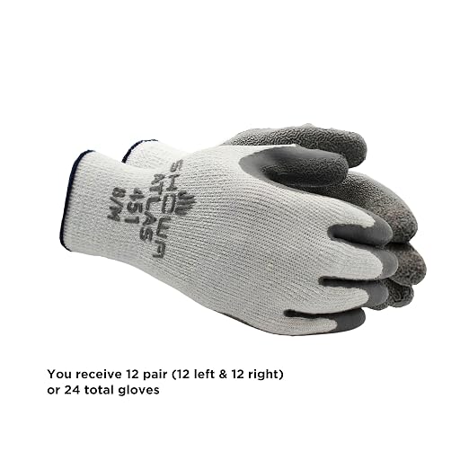 SHOWA 451 Insulated Work Gloves, Latex Coated Work Gloves with Rough Grip, Work Gloves for Winter Construction & Outdoor Work, Grey, Medium, 12-Pack