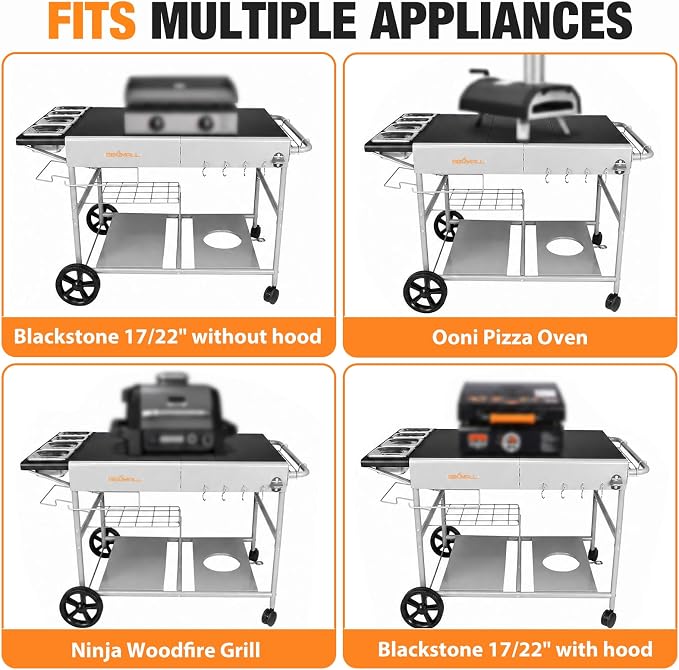 Pizza Oven Table Grill Cart for Ninja Woodfire, Blackstone Griddle, Ooni | 51'' Outdoor Pizza Oven Stand with Seasoning Tray for Outdoor Cooking, BBQ Prep Station, Easy Assembly 30048
