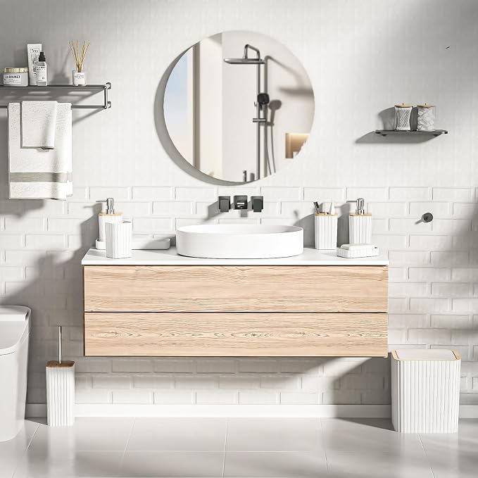 XLHOMO Bathroom Accessories Set - Elegant White Bathroom Set, 10PC Bathroom Accessory Set, Toilet Brush, Trash Can, Qtip Holder Dispenser & Soap Dispenser