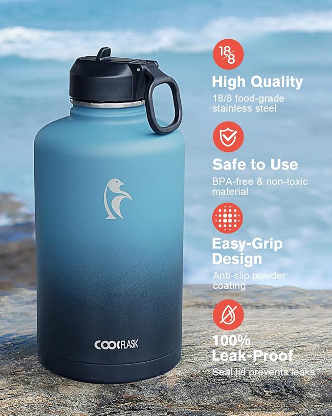 Coolflask Water Bottle 87 oz with Straw, 2/3 Gallon Insulated Stainless Steel Large 3 Lids Big Water Jug for Sports or Office, Non-BPA Keep Cold Up to 48 Hrs or Hot Up to 24 Hrs, Samurai Cyan