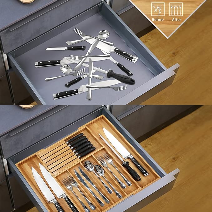VaeFae Bamboo Silverware Drawer Organizer Kitchen, Expandable Utensil Organizer with Knife Block, Cutlery Tray with Divider, Multifunctional Drawer Organizer