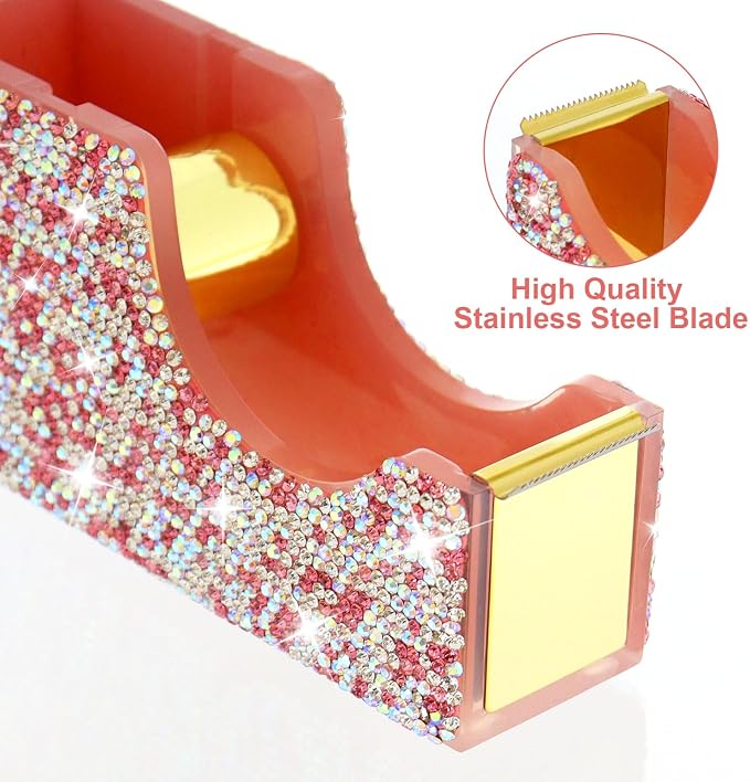 Buqoo Pink Bling Crystal Tape Dispenser, Sparkly Desktop Adhesive Tape Dispenser Cutter with Tape for Desk, Glitter Tape Holder Cutter Rhinestone for Office School