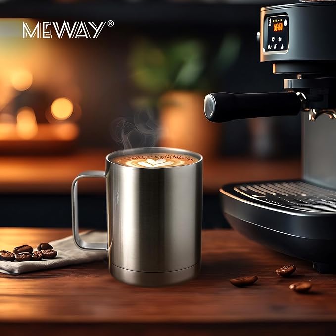 MEWAY 12oz Coffee Mug With Handle 2 Pack Bulk,Stainless Steel Insulated Travel Tumblers With Sliding Lid,Double Wall Vacuum Camping Cup for Hot & Cold Drinks Tea (Sliver,Set of 2)