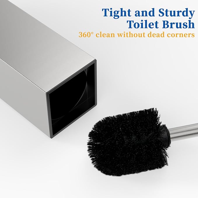RUACQ Toilet Brush and Holder Set,Square Toilet Bowl Brush for Bathroom with 304 Stainless Steel Handle Toilet Cleaner Brush with Durable Scrubbing Bristles,Splash-Proof (Brushed Nickel)