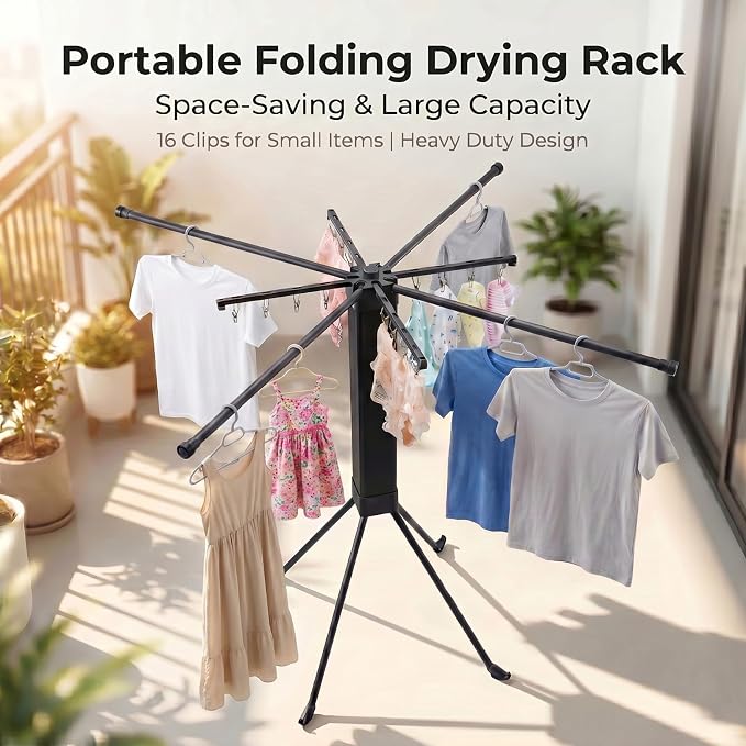 Laundry Drying Rack Collapsible, Foldable Clothes Drying Rack, Indoor Clothes Drying Rack, with 16 Clips Portable Clothes Drying Rack for Hanging Clothes, Indoor, Camping, Balcony, Outdoor