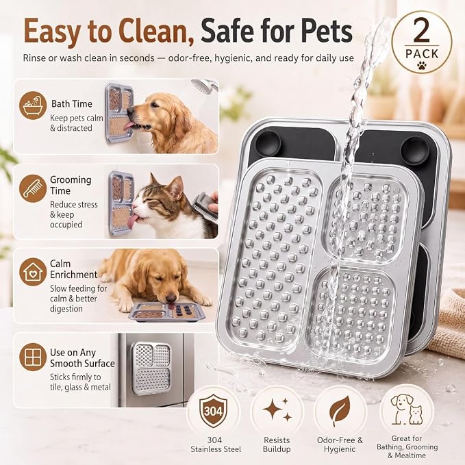 2 Pack - Stainless Steel Lick Mat for Dogs & Cats, Large Non-Slip Slow Feeder Pad with Suction Cups, Chew-Proof Dog Licking Mat for Anxiety Relief, Bathing & Grooming Time